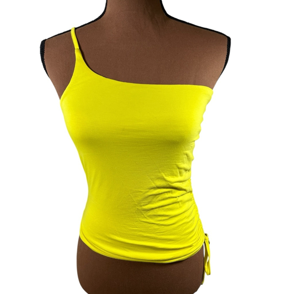 Women's Superdown Neon Yellow One Shoulder Ruched Tank Top S - Picture 6 of 7